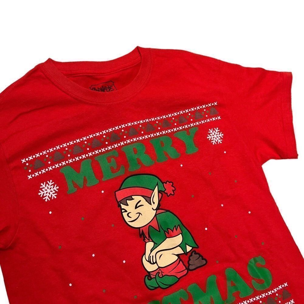Ugly Christmas T-Shirt Merry Shitmas Adult S Red Novelty Humor Elf Santa Snow Tr
